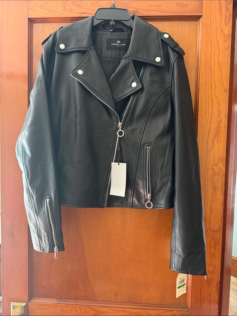 Andrew Marc Black Leather Moto Jacket with Silver Hardware
